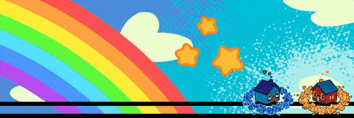 a cartoon drawing of a house with a rainbow and stars in the background