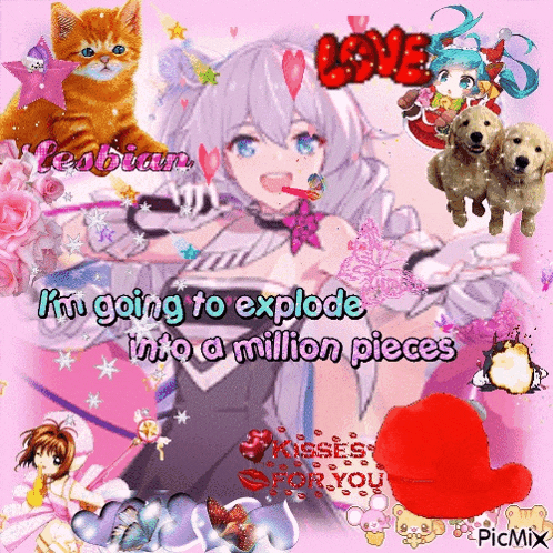 a picture of a girl with the words i 'm going to explode into a million pieces on it