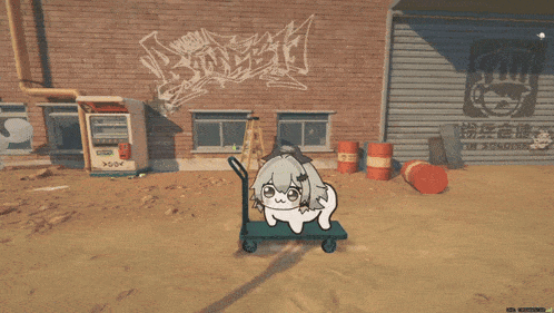 a cartoon character is sitting on a cart in front of a brick wall with graffiti on it that says bandit