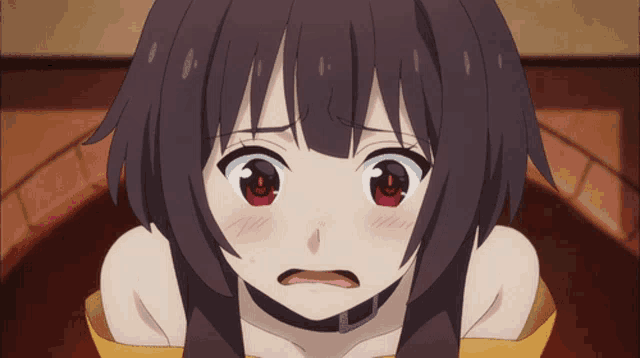 a close up of a girl with red eyes making a funny face