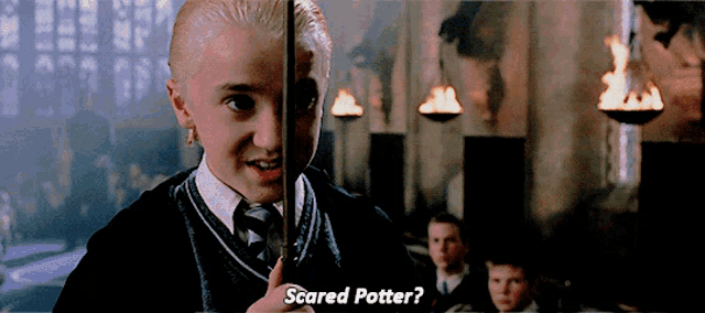 a harry potter character is holding a sword and asking if he is scared potter