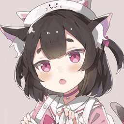 a girl with cat ears is wearing a white hat with a face on it