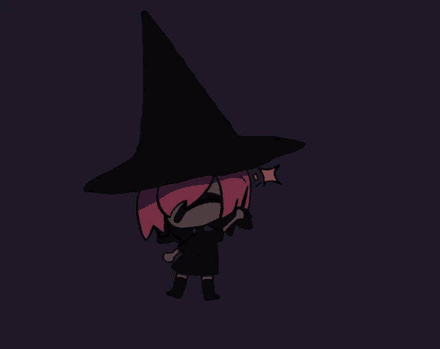a drawing of a witch with pink hair and a black hat