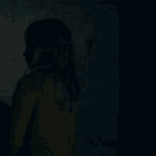 a little girl is holding a stuffed animal in her hands in a dark room .