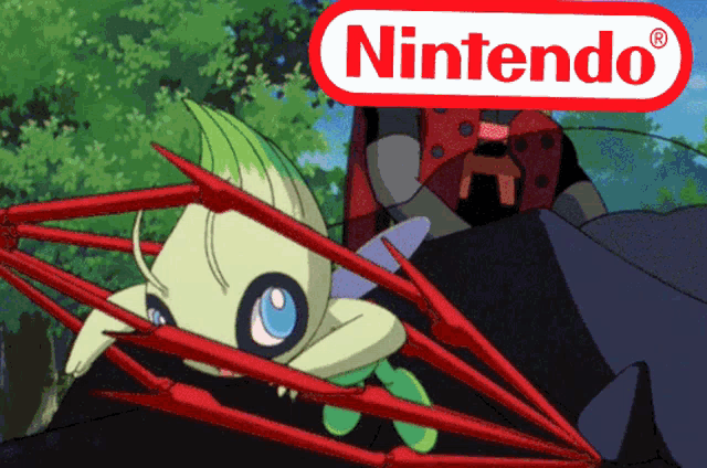 a picture of a nintendo logo with a green pokemon