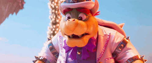 bowser is wearing a pink and purple outfit