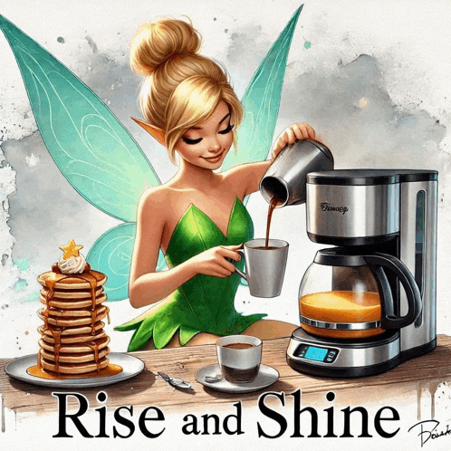 a fairy is pouring coffee into a cup next to a coffee maker