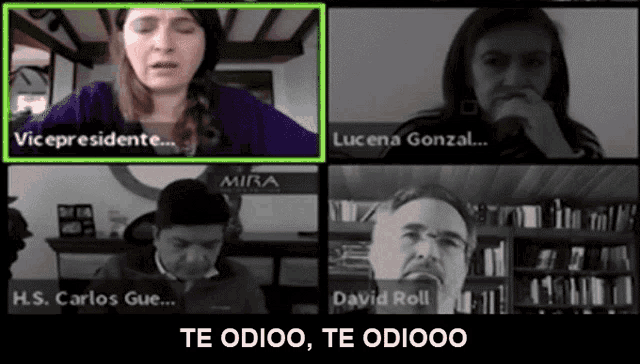 a group of people on a video call with the words " te odioo te odiooo " at the top