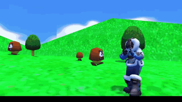 a video game character is standing in a field with trees