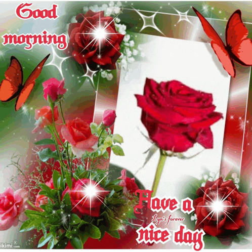 a greeting card that says good morning and has roses and butterflies