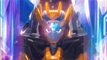 a close up of a robot with a blue light coming out of its eyes