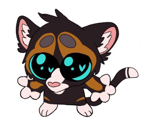 a cartoon drawing of a cat with big eyes and a pink tail .