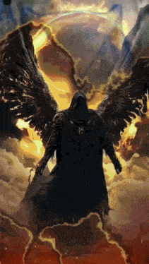 a painting of a grim reaper with a hood and wings