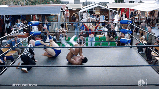 two wrestlers are in a ring with the words youngrock on the bottom