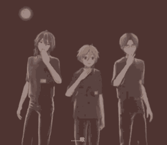 three anime characters standing next to each other with chinese writing on the bottom left