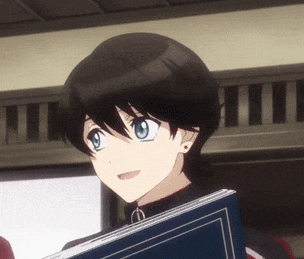 a girl with black hair and blue eyes is holding a book and smiling .