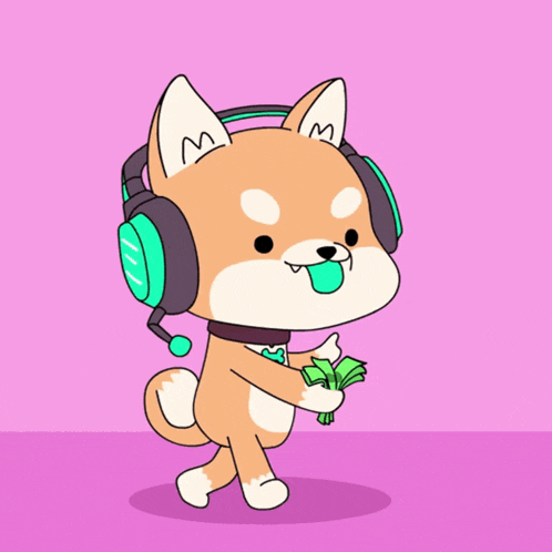 a shiba inu wearing headphones and holding a bunch of money