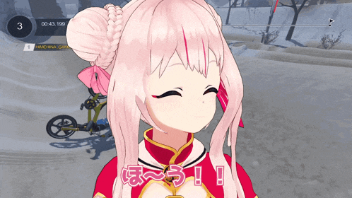 a girl with pink hair is smiling in front of a bicycle with the number 3 on it