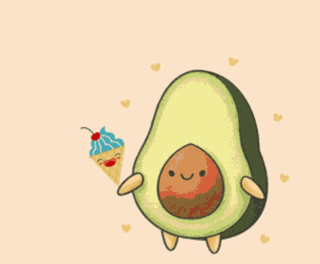 an avocado is standing next to an ice cream cone with a smiley face on it