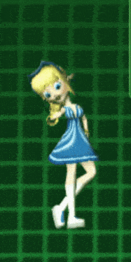 a cartoon girl in a blue dress and white boots is dancing