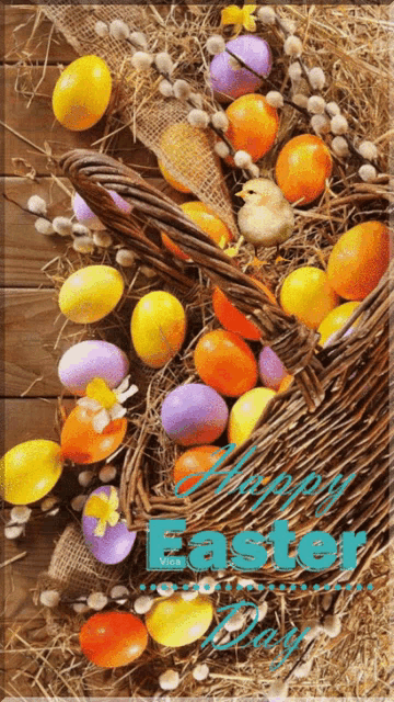 a picture of easter eggs in a basket with the words happy easter written on it