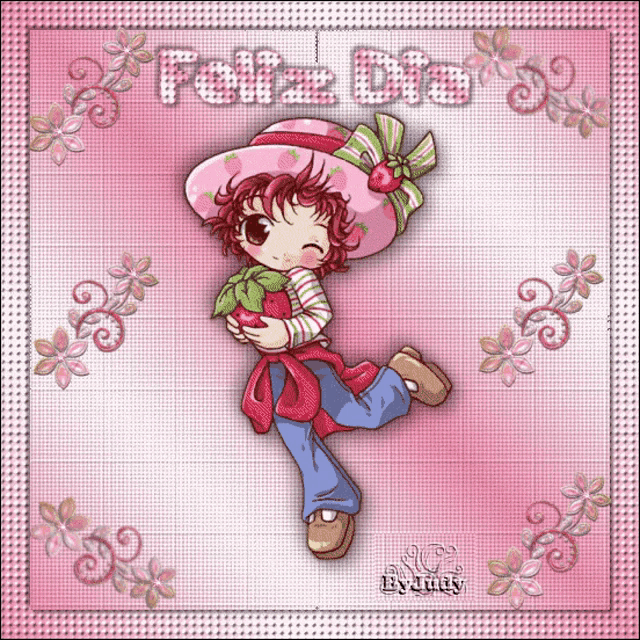 a girl in a strawberry shortcake hat is holding a strawberry on a pink background