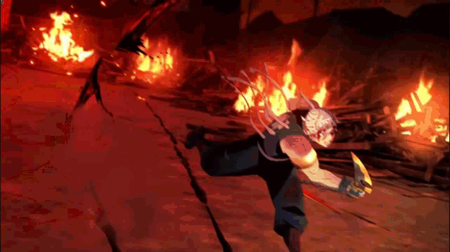 a cartoon character is running in front of a large fire