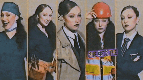 a collage of women in different careers with the words she gets the at the top