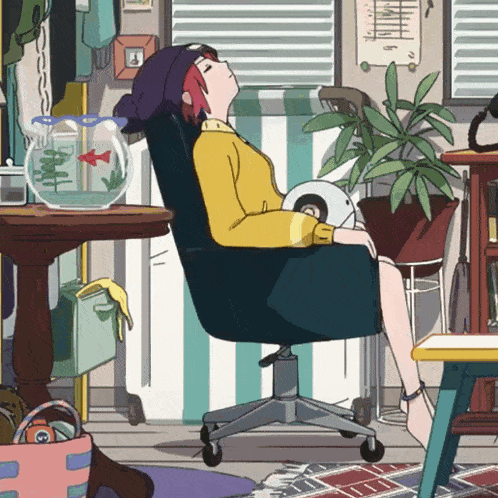 a cartoon of a girl sleeping in a chair with a fish bowl in the background