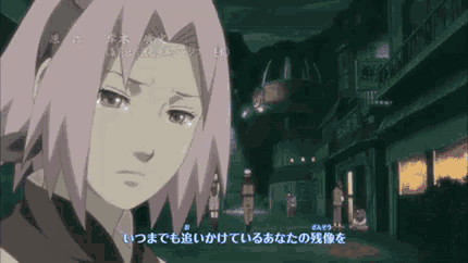 a cartoon girl with pink hair is standing in a dark street .