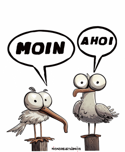 a cartoon of two birds with speech bubbles that say moin ahoi