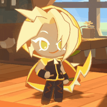 a cartoon character is standing on a wood floor