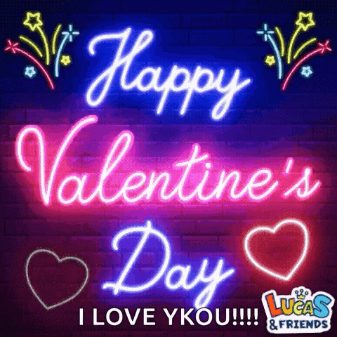 a neon sign that says happy valentine 's day with hearts and fireworks .