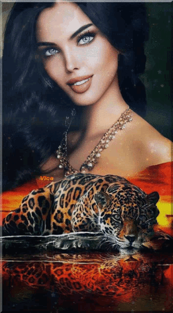 a painting of a woman and a leopard with the word vice on the bottom