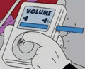 a cartoon hand is holding an ipod with a volume button on it .