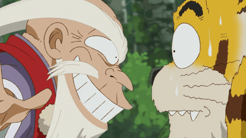 two cartoon characters are looking at each other and one has a surprised look on its face