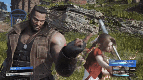a man and a girl are fighting in a video game with a command button on the bottom right