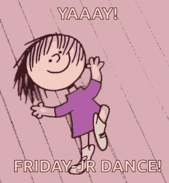 a cartoon of a girl dancing with the words yaaay friday jr dance written below her