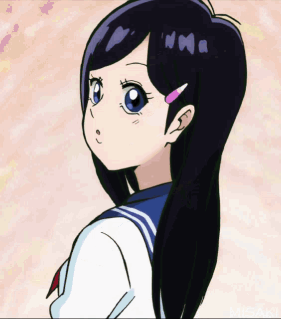 a drawing of a girl with long black hair and a pink hair clip