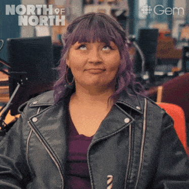 a woman with purple hair is wearing a black leather jacket with the words north of north behind her