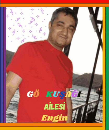 a man in a red shirt is standing in front of a body of water with the name go kusati ailesi engin written on the bottom