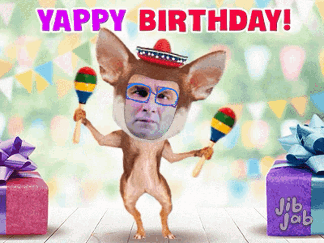 a birthday card with a chihuahua holding maracas