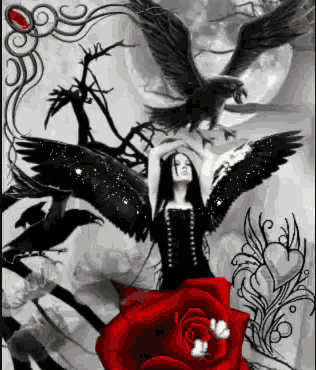 a black and white painting of a woman surrounded by birds and a rose