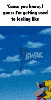 a cartoon character is flying through the air with the words bwak on the bottom