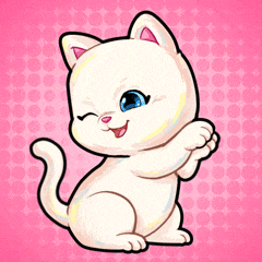 a cartoon drawing of a white kitten with blue eyes on a pink background