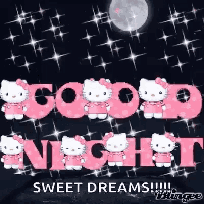 a hello kitty good night greeting card with a full moon and stars in the background .