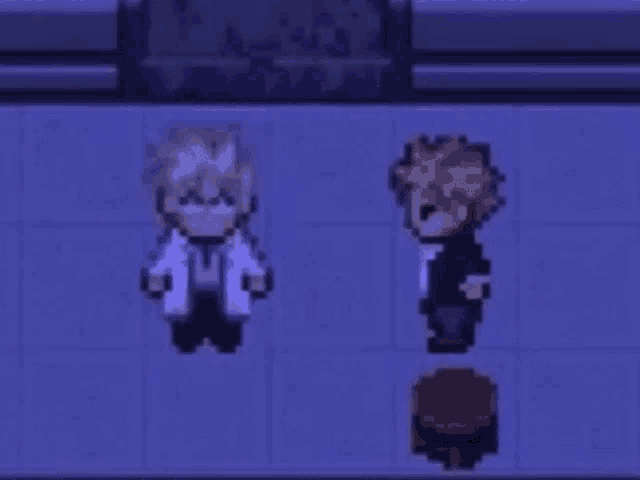 a pixel art of two men standing next to each other in a room .