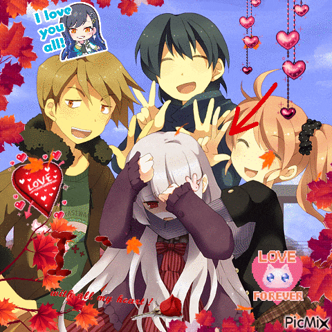 a group of anime characters posing for a picture with a sticker that says " i love you all "