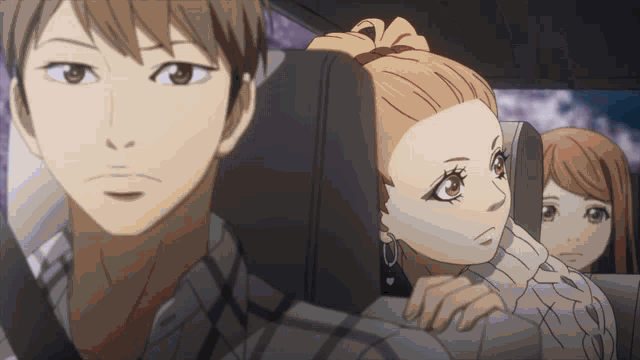 a group of anime characters are sitting in a car and one of them has earrings on her ear