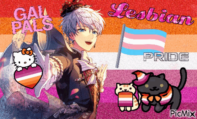 a picture of a boy with a hello kitty heart and a transgender flag